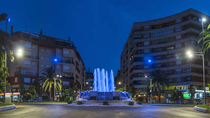 Square with fountain illuminated by Philips lighting as part of Bastions of light project