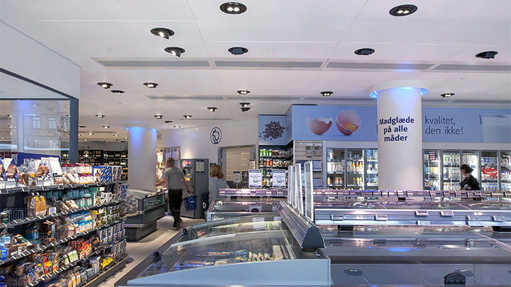 Products on display at Irma, Copenhagen lit by Philips energy saving lighting for supermarket 