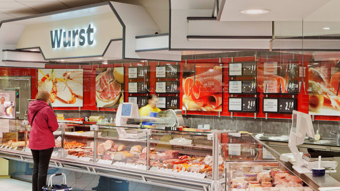 Meat section at Edeka supermarket well-lit with Philips LuxSpace Accent Rose LED
